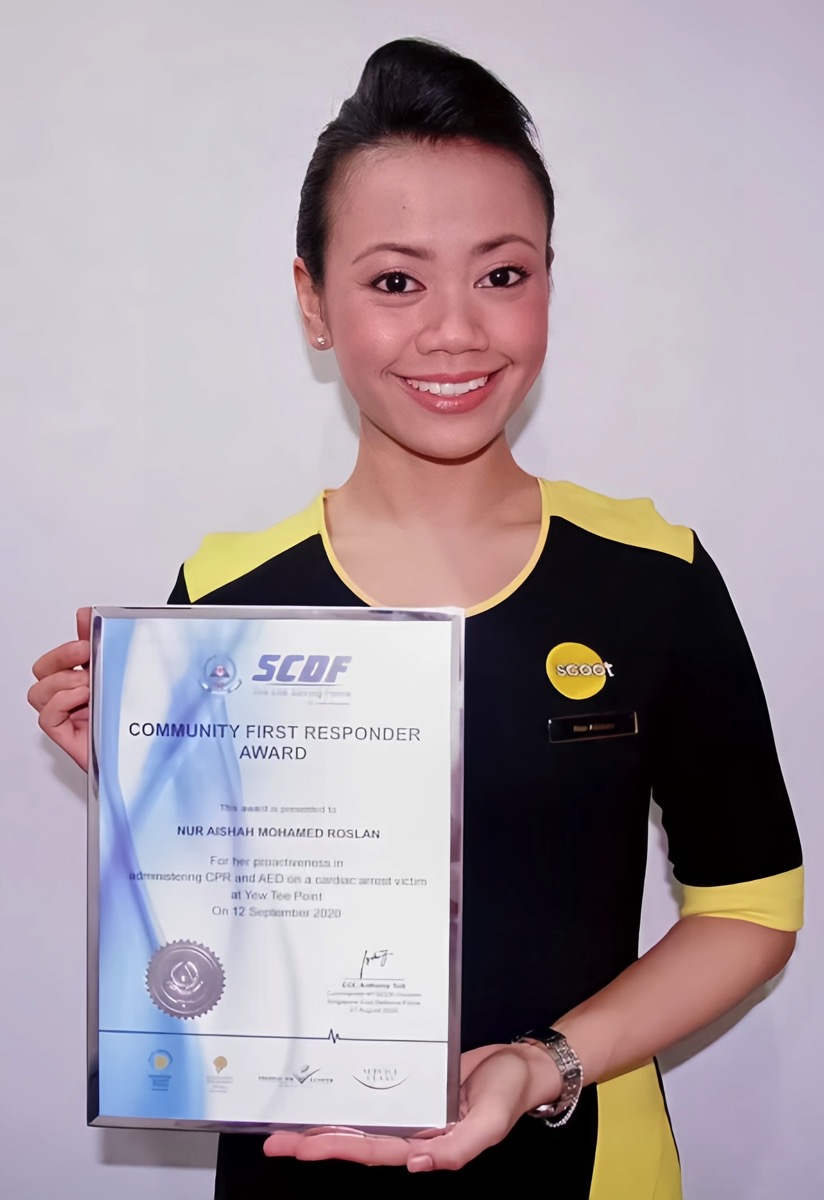 SGT1 (V) Nur Aishah was awarded the Community First Responder Award from SCDF in 2021